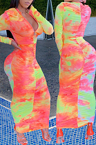 Orange Cotton Blend Gradient Long Sleeve Stand Collar Zipper Ruffle Slim Fitting Long Dress BBN102-1