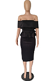 Black Elegant Fashion A Wrod Shoulder Slim Fitting Ruffle Top Tight Slit A Line Skirts Sets A8402-2