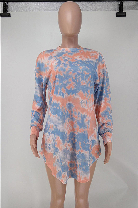 Pink Wholesal Tie Dye Printing Long Sleeve Round Neck Not With Belt Loose Mini Dress A8591-1