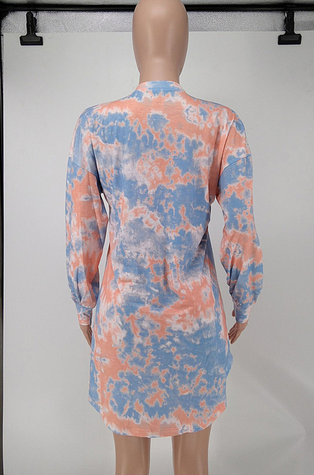 Pink Wholesal Tie Dye Printing Long Sleeve Round Neck Not With Belt Loose Mini Dress A8591-1