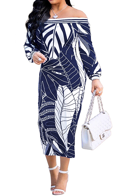 Navy Blue Fashion Printing Long Sleeve A Wrod Shoulder Collcet Waist Long Dress A8241-4