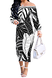 Wine Red Fashion Printing Long Sleeve A Wrod Shoulder Collcet Waist Long Dress A8241-1