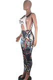 White Women Coundole Belt Backless Graffiti Sexy Bodycon Jumpsuits CY1193