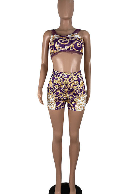 Black Women Condole Belt Tank Sexy Printing Lace Shorts Sets CY1197-2