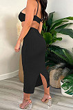 White Women Sexy Fashion Ribber Condole Belt Solid Color Dew Waist Split Long Dress GLS8172-1