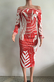 Red Fashion Printing Long Sleeve A Wrod Shoulder Collcet Waist Long Dress A8241-3