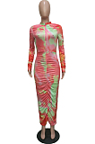 Blue Cotton Blend Gradient Long Sleeve Stand Collar Zipper Ruffle Slim Fitting Long Dress BBN102-2