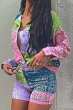 Color Matching Euramerican Women Trendy Casual Paisley Contrast Color Shirts Shorts Sets GLS10011