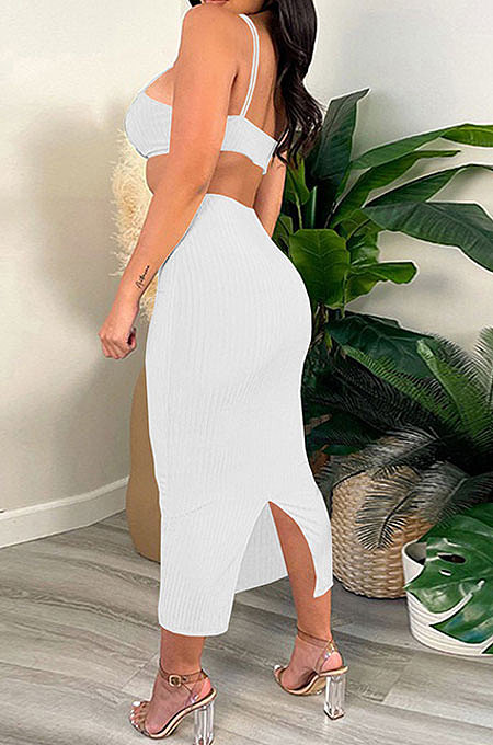 Light Blue Women Sexy Fashion Ribber Condole Belt Solid Color Dew Waist Split Long Dress GLS8172-2