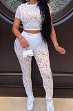 White Autumn Summer Hollow Out Pure Color Short Sleeve Round Neck Dew Waist Pencil Pants Sports Sets YFS10016-5