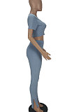 Pink Women Ribber Pure Color Short Sleeve Split Pants Sets QMQ7060-2
