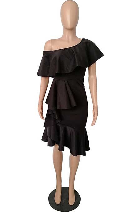 Red Cotton Blend New Ruffle Off Shoulder Collcet Waist Solid Color Irregularity Midi Dress A8401-1