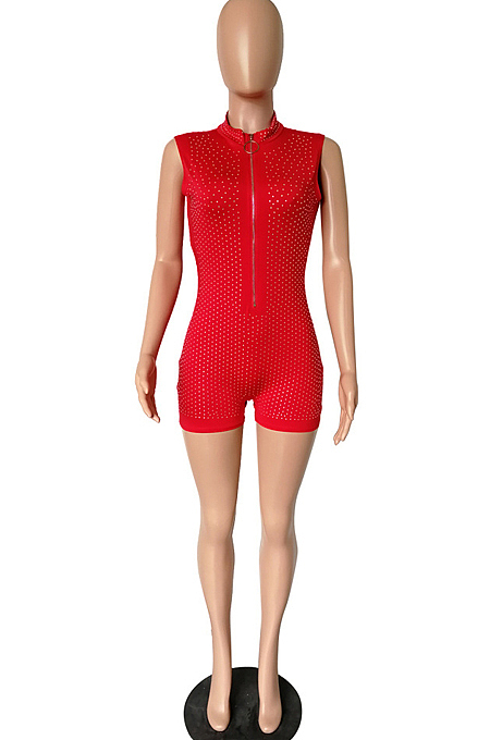 Red Green Hot Drilling Sleeveless Stand Collar Zipper Slim Fitting Romper Shorts A8357-2