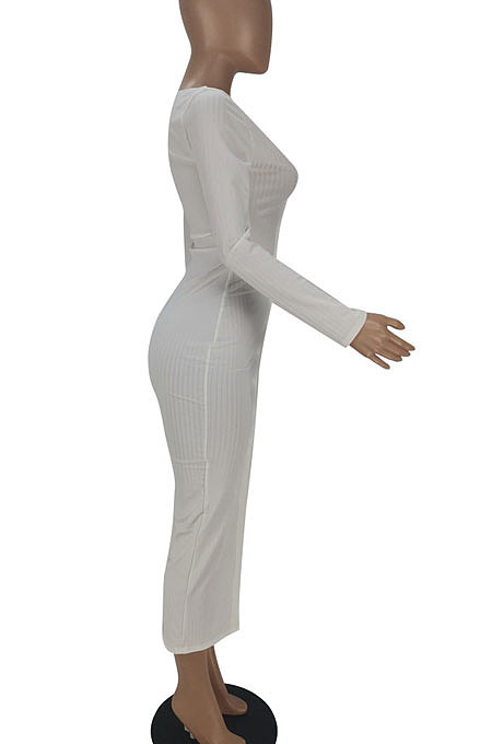 Black Women Solid Color Long Sleeve V Neck Single-Breasted Long Dress QMQ7063-3