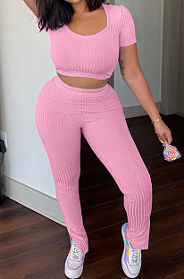 Pink Women Ribber Pure Color Short Sleeve Split Pants Sets QMQ7060-2