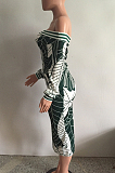 Red Fashion Printing Long Sleeve A Wrod Shoulder Collcet Waist Long Dress A8241-3