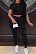 Black Autumn Summer Hollow Out Pure Color Short Sleeve Round Neck Dew Waist Pencil Pants Sports Sets YFS10016-4