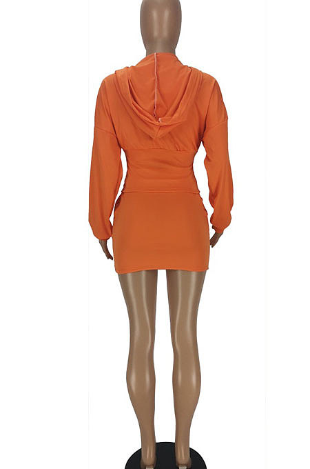 Black Euramerican Solid Color Single-Breasted Hoodie Pocket Long Sleeve Skirts Sets QMQ7059-3