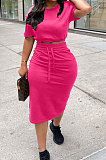 Rose Red Women Pure Color Short Sleeve Round Neck Bandage Split Skirts Sets QMQ7061-3