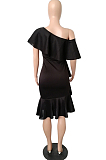 Red Cotton Blend New Ruffle Off Shoulder Collcet Waist Solid Color Irregularity Midi Dress A8401-1