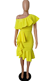 Red Cotton Blend New Ruffle Off Shoulder Collcet Waist Solid Color Irregularity Midi Dress A8401-1