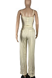 SUPER WHOLESALE | Brown Fashion Women Condole Belt Tank Drawsting Solid Color Pants Sets CY1345-2