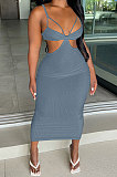 Black Women Sexy Fashion Ribber Condole Belt Solid Color Dew Waist Split Long Dress GLS8172-3
