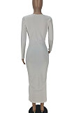 Pink Women Solid Color Long Sleeve V Neck Single-Breasted Long Dress QMQ7063-2