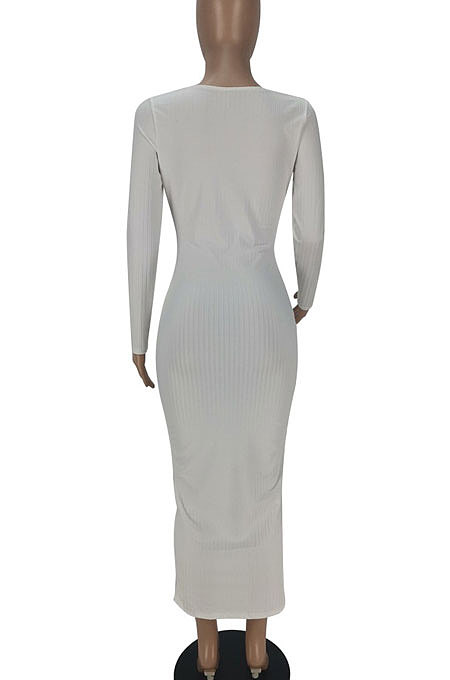 Pink Women Solid Color Long Sleeve V Neck Single-Breasted Long Dress QMQ7063-2