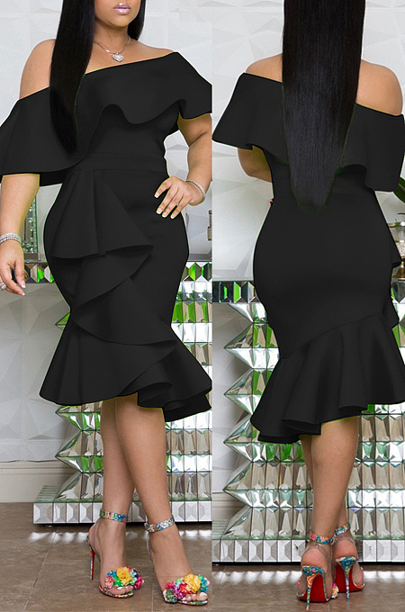 Yellow Cotton Blend New Ruffle Off Shoulder Collcet Waist Solid Color Irregularity Midi Dress A8401-3