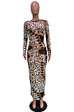 Green Printing Fashion Women Long Sleeve Round Collar Mesh See-Through Bodycon Dress BBN191-3