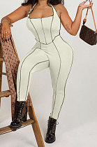 Beige Euramerican Women Solid Color Condole Belt Bandage Bodycon Jumpsuits QMQ7062-1