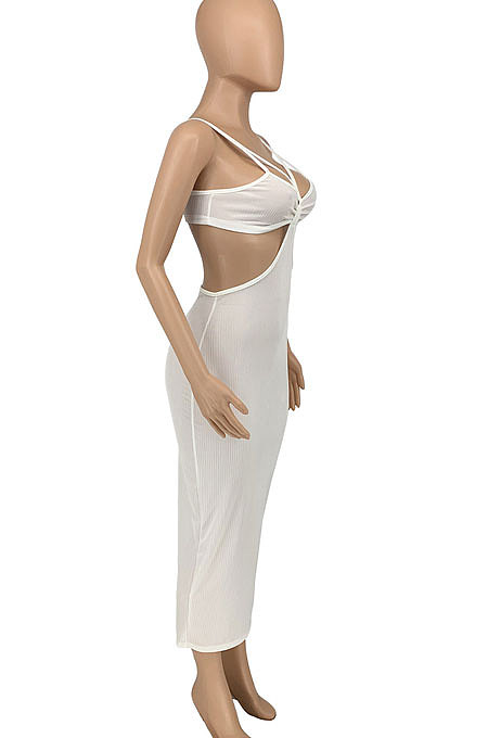 White Women Sexy Fashion Ribber Condole Belt Solid Color Dew Waist Split Long Dress GLS8172-1