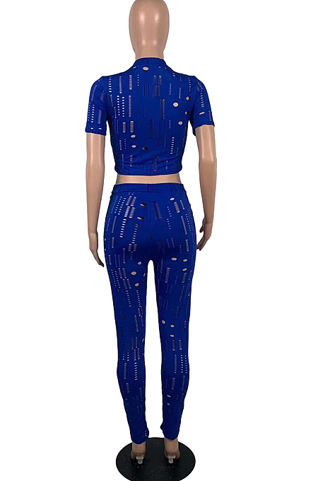 Orange Autumn Summer Hollow Out Pure Color Short Sleeve Round Neck Dew Waist Pencil Pants Sports Sets YFS10016-1