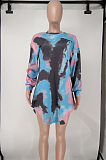 Pink Wholesal Tie Dye Printing Long Sleeve Round Neck Not With Belt Loose Mini Dress A8591-1
