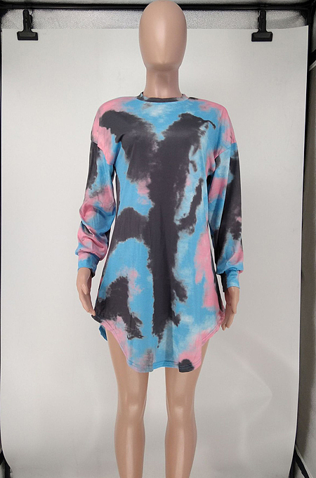 Pink Wholesal Tie Dye Printing Long Sleeve Round Neck Not With Belt Loose Mini Dress A8591-1