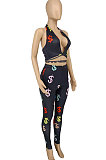Black Trendy Women Printing Sleeveless V Neck Bandage Pants Sets WME20758
