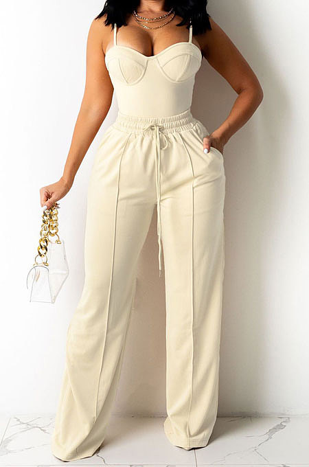 SUPER WHOLESALE | Nude Fashion Women Condole Belt Tank Drawsting Solid Color Pants Sets CY1345-1