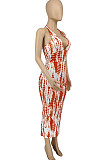 Orange Euramerican Women Fashion Printing Halter Neck Backless Sexy Long Dress WME20756