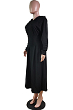 Wine Red Cotton Blend Long Sleeve V Collar Hoodie Collcet Waist Solid Colur Swing Side With Stealth Zipper T-Shirt Dress WY6843-3