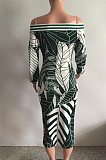 Red Fashion Printing Long Sleeve A Wrod Shoulder Collcet Waist Long Dress A8241-3