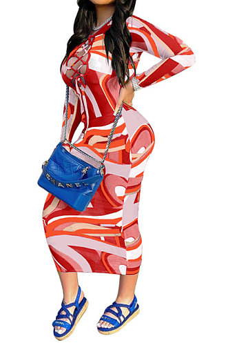 Blue Women Mesh Spaghetti Printing Bandage Hollow Out Midi Dress XQ1144-1