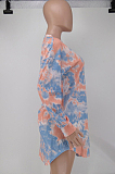 Pink Wholesal Tie Dye Printing Long Sleeve Round Neck Not With Belt Loose Mini Dress A8591-1