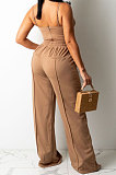 SUPER WHOLESALE | Brown Fashion Women Condole Belt Tank Drawsting Solid Color Pants Sets CY1345-2