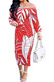 Yellow Fashion Printing Long Sleeve A Wrod Shoulder Collcet Waist Long Dress A8241-2