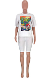 White Casual Women Cartoon Graphic Short Sleeve Round Collar T-Shirts Shorts Loose Sports Sets CYY8537-2