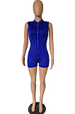 Yellow Hot Drilling Sleeveless Stand Collar Zipper Slim Fitting Romper Shorts A8357-4
