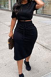Orange Women Pure Color Short Sleeve Round Neck Bandage Split Skirts Sets QMQ7061-2