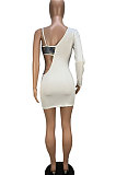 White Women Trendy Spliced Sequins Single Sleeve Mini Dress CY11090-1