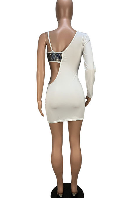 White Women Trendy Spliced Sequins Single Sleeve Mini Dress CY11090-1